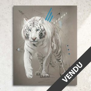 Art animalier : tableau PHRONIMOS, avec un tigre blanc, réalisé avec la technique du pastel, sur fond moderne et graphique. Meilleur artiste pastelliste animalier. Art animalier de luxe