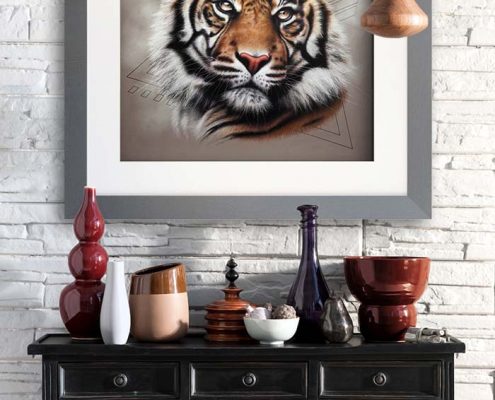 dessin tigre portrait tableau Art animalier : une tête de tigre, réalisé avec la technique du pastel sec, avec fond moderne graphique.. Meilleur artiste pastelliste animalier.