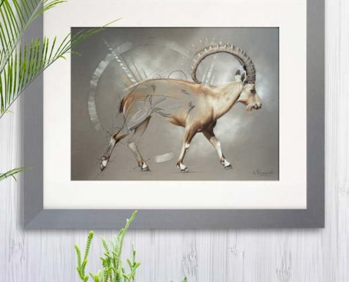 Art animalier : un bouquetin de Nubie, réalisé avec la technique du pastel sec, avec fond graphique.. Meilleur artiste pastelliste animalier.