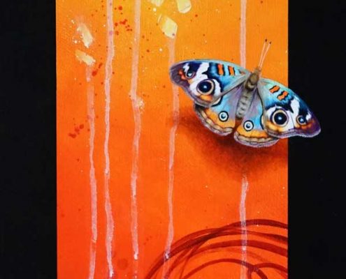 Art abstrait animalier : zoom du tableau NIMYKO, avec un papillon, réalisé avec la technique de la peinture acrylique, fond orange et rouge moderne et graphique