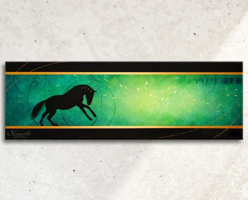 Art abstrait équin : tableau TADRAYNEN, avec une silhouette de cheval sur fond vert et turquoise, réalisé avec la technique de la peinture acrylique, moderne et graphique