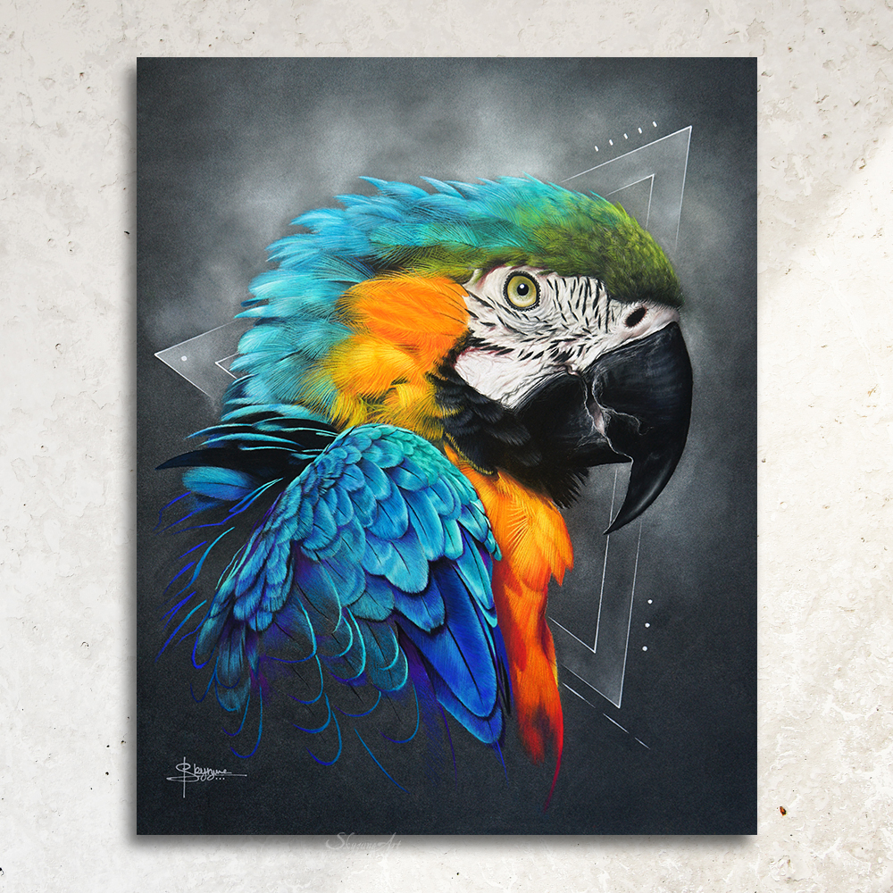 dessin oiseau, tableau perroquet par SKYZUNE ART, artiste peintre équin et animalier, art de luxe, meilleur artiste animalier déco, design, art de luxe