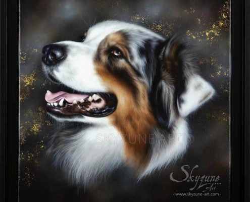 Portrait dessiné d'un chien réalisé à la peinture à l'huile. Commande de tableau personnalisé d'après photos par skyzune art, artiste animalier